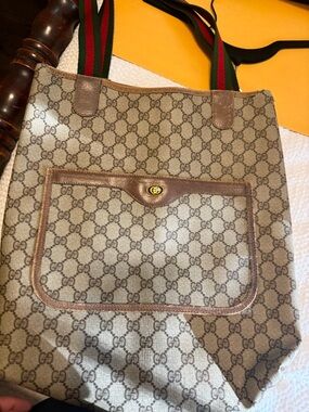 Gucci Beige GG Supreme Canvas Tote with Brown Trim and Green-Red Web Straps
